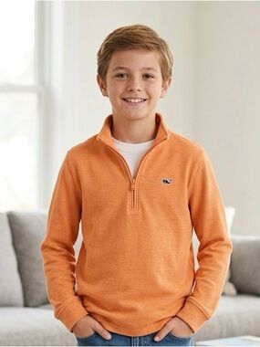 Vineyard Vines Boys XL (18) Orange Striped 1/4 Zip Pullover